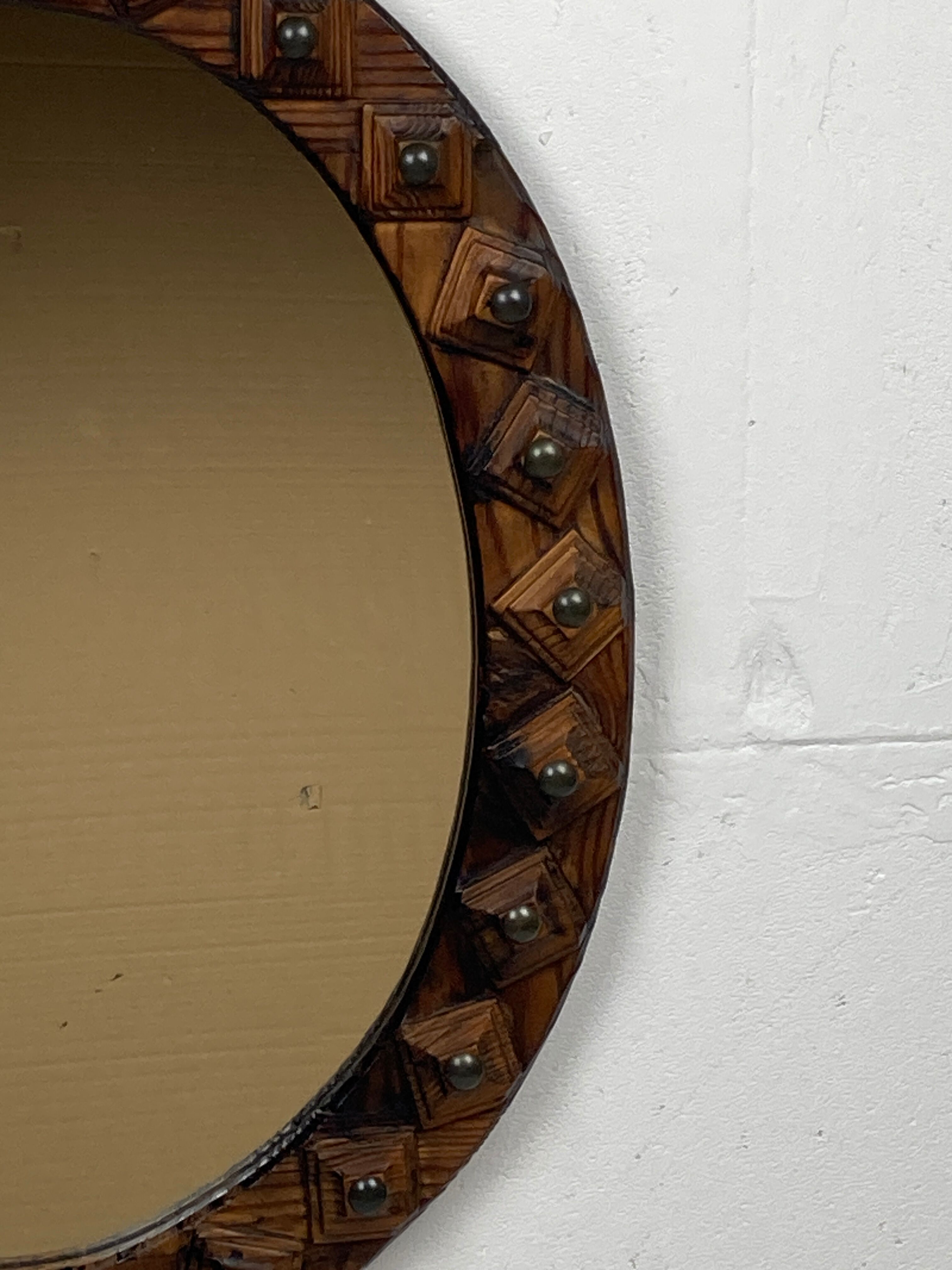 Midcentury brutalist handmade wooden mirror, Belgium 1960s
