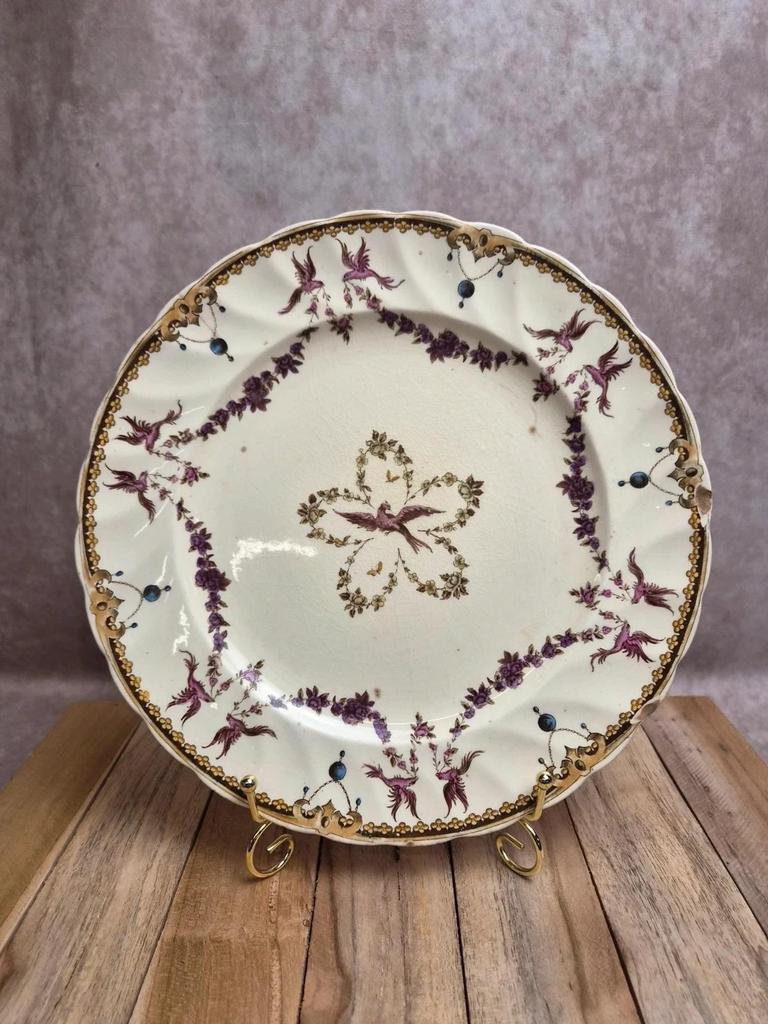 Antique English plate Clarendon P.b.&s – decoration of mauve birds & flowers – Oriental Ivory