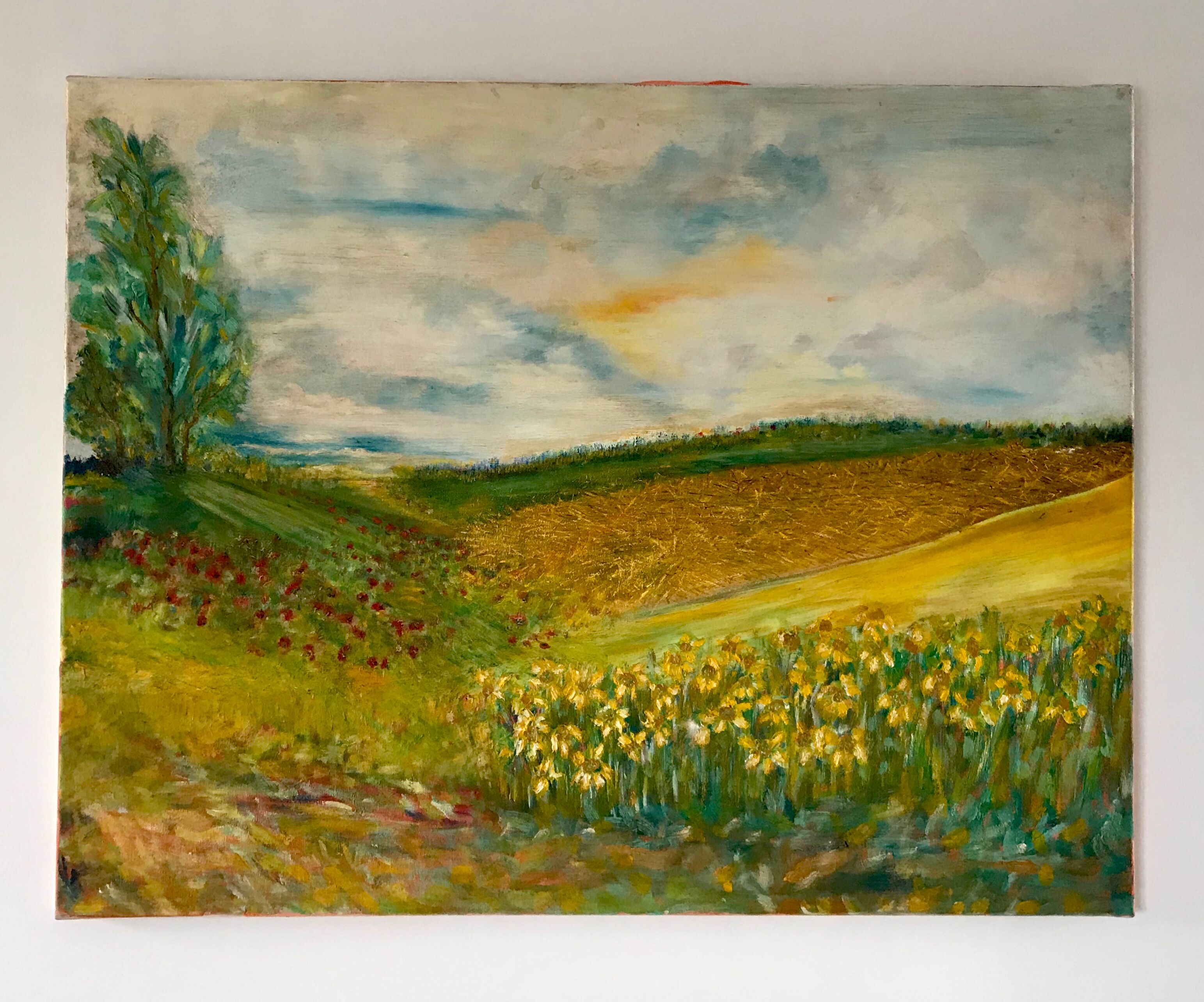Old oil painting on landscape canvas
