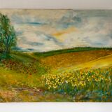 Old oil painting on landscape canvas