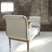 Vintage chaise longue / daybed in bleached wood and white leather
