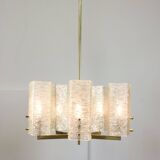 Lustre vintage par JT Kalmar / Vienne années 1960 / Blocs de verre dépoli et base en laiton du milieu du siècle