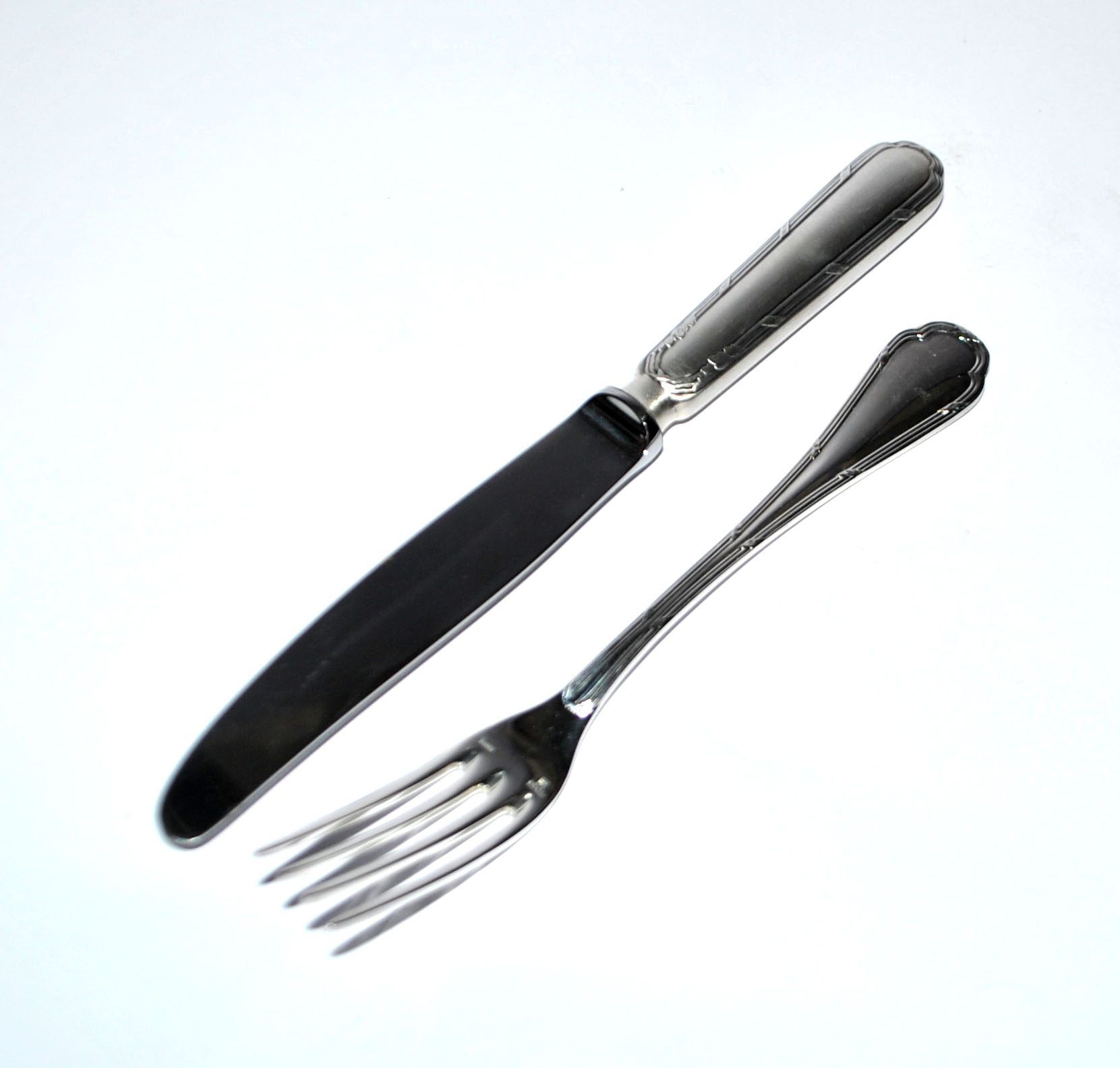 Ercuis set of 2 Trianon metal-plated dessert cutlery with crossed ribbon for cheese starter.