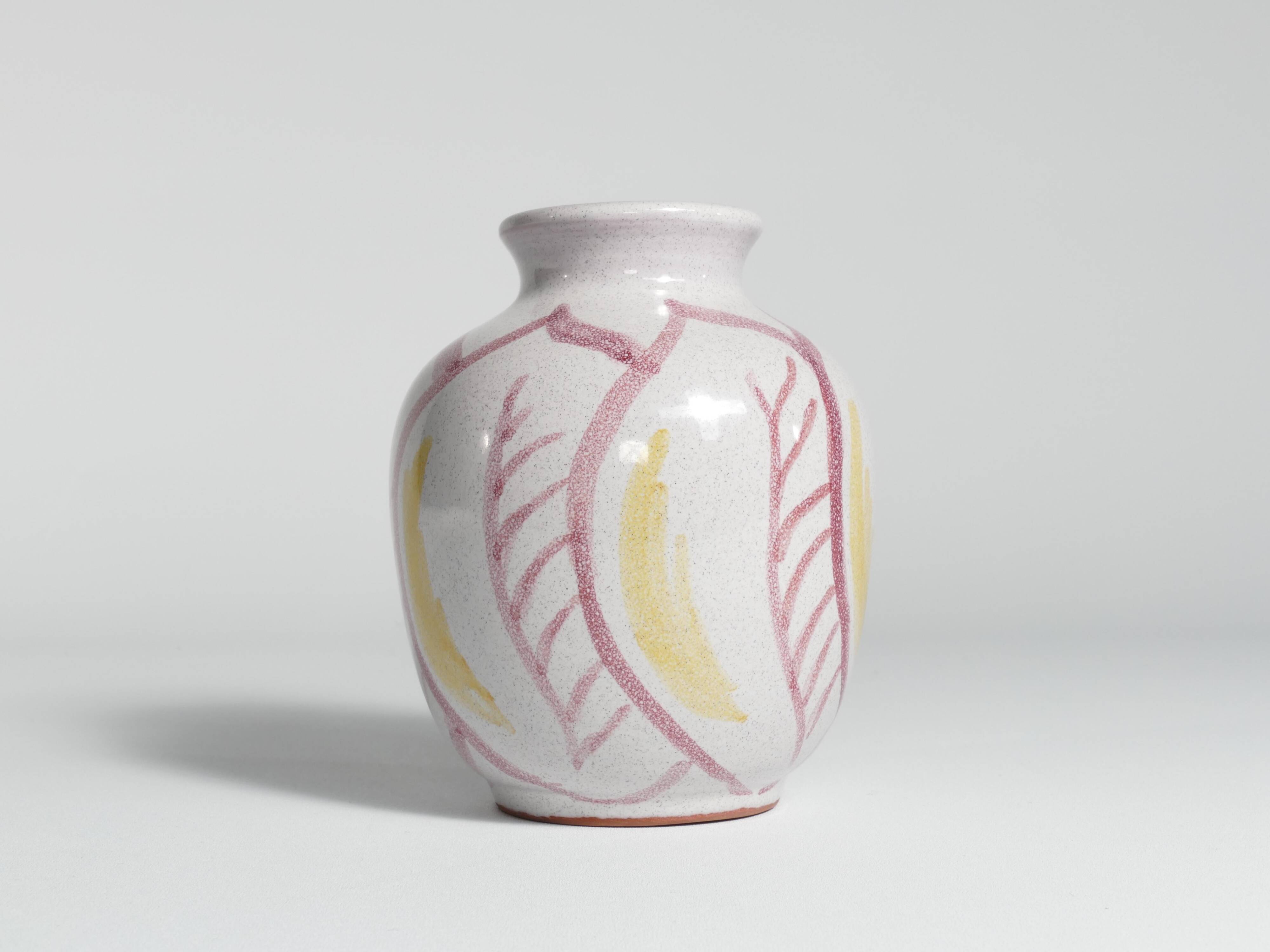 Scandinavian Modern Ceramic Vase with Red & Yellow Leaves, Alingsås Keramik 1947