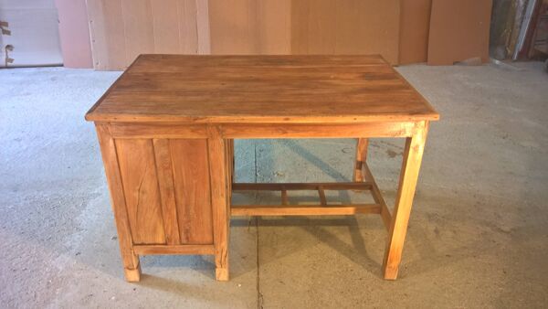 Ancien bureau en teck birman avec 1 caisson 1 porte vitrée + 1 tiroir