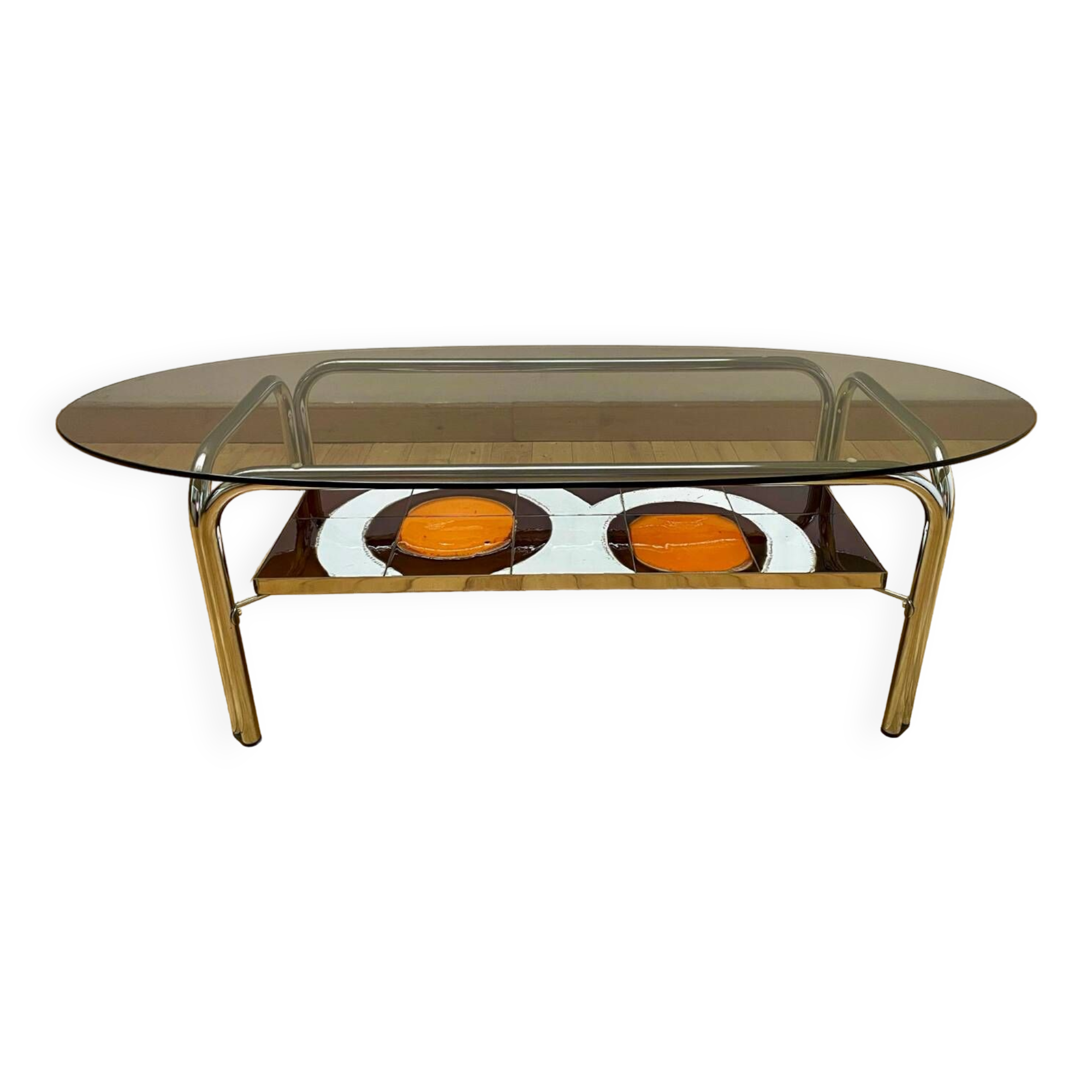 Vintage coffee table in smoked glass and ceramic