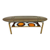 Table basse vintage en verre fumée et céramique