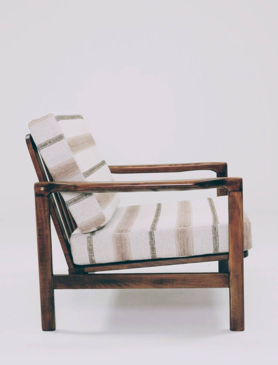 Scandinavian armchair natural linen beige striped fabric 1965