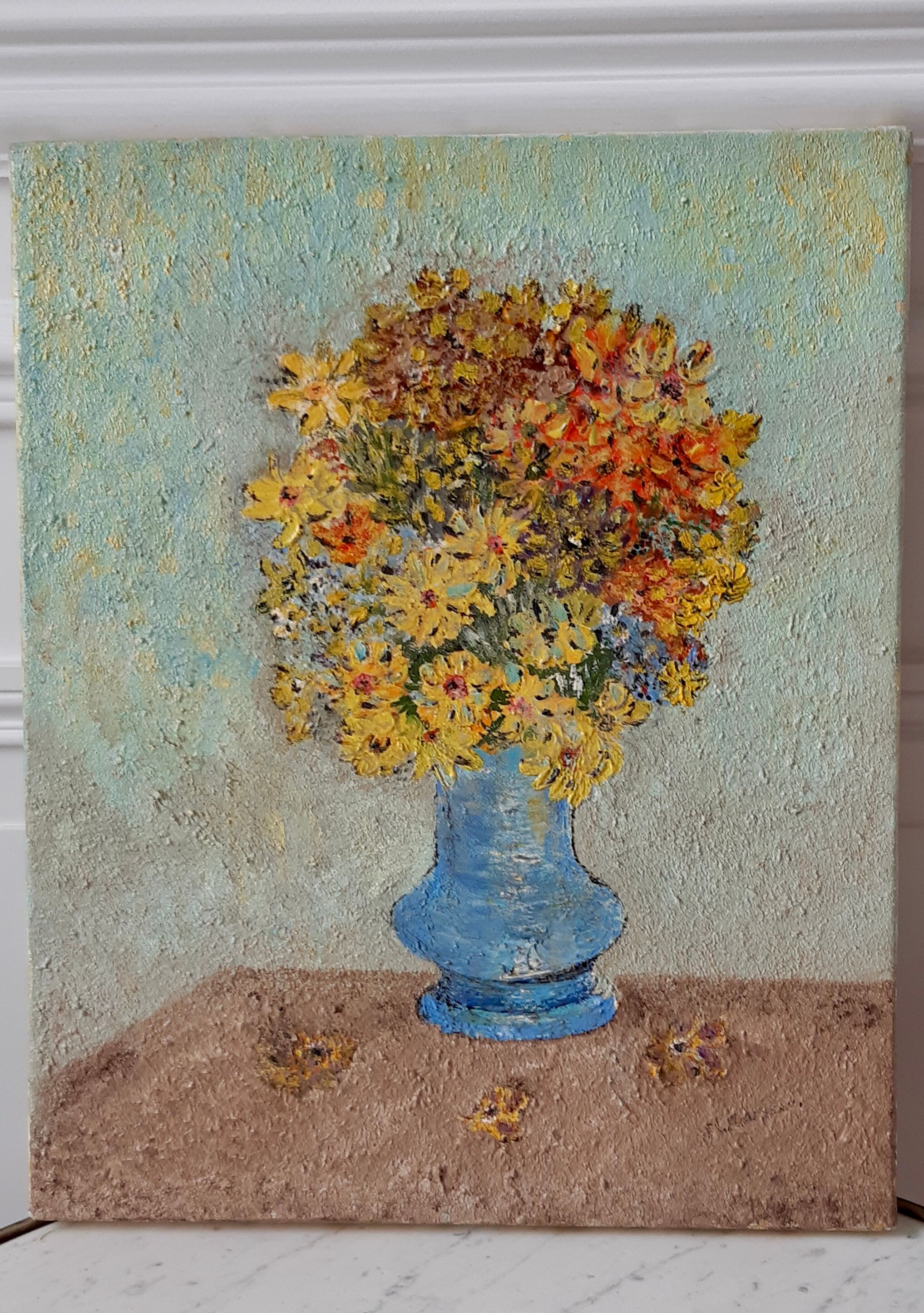 Oil on canvas painting old bouquet