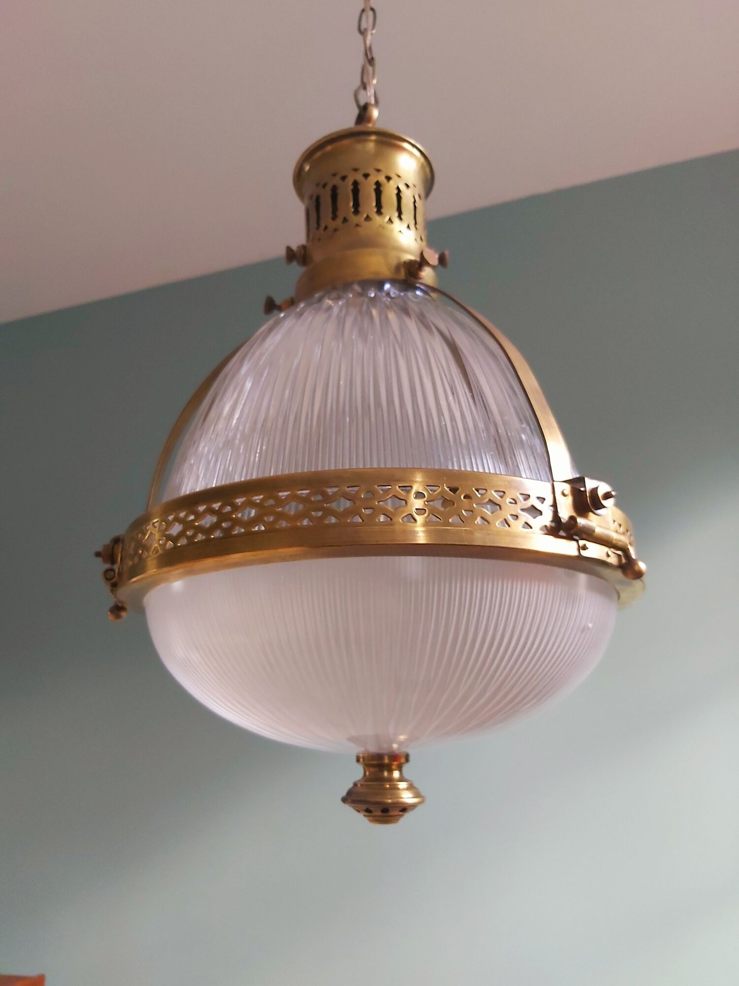 Holophane pendant lamp in prismatic glass and brass, 1920s-30s