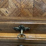 Cylinder desk with marquetry featuring a crosshatch design.