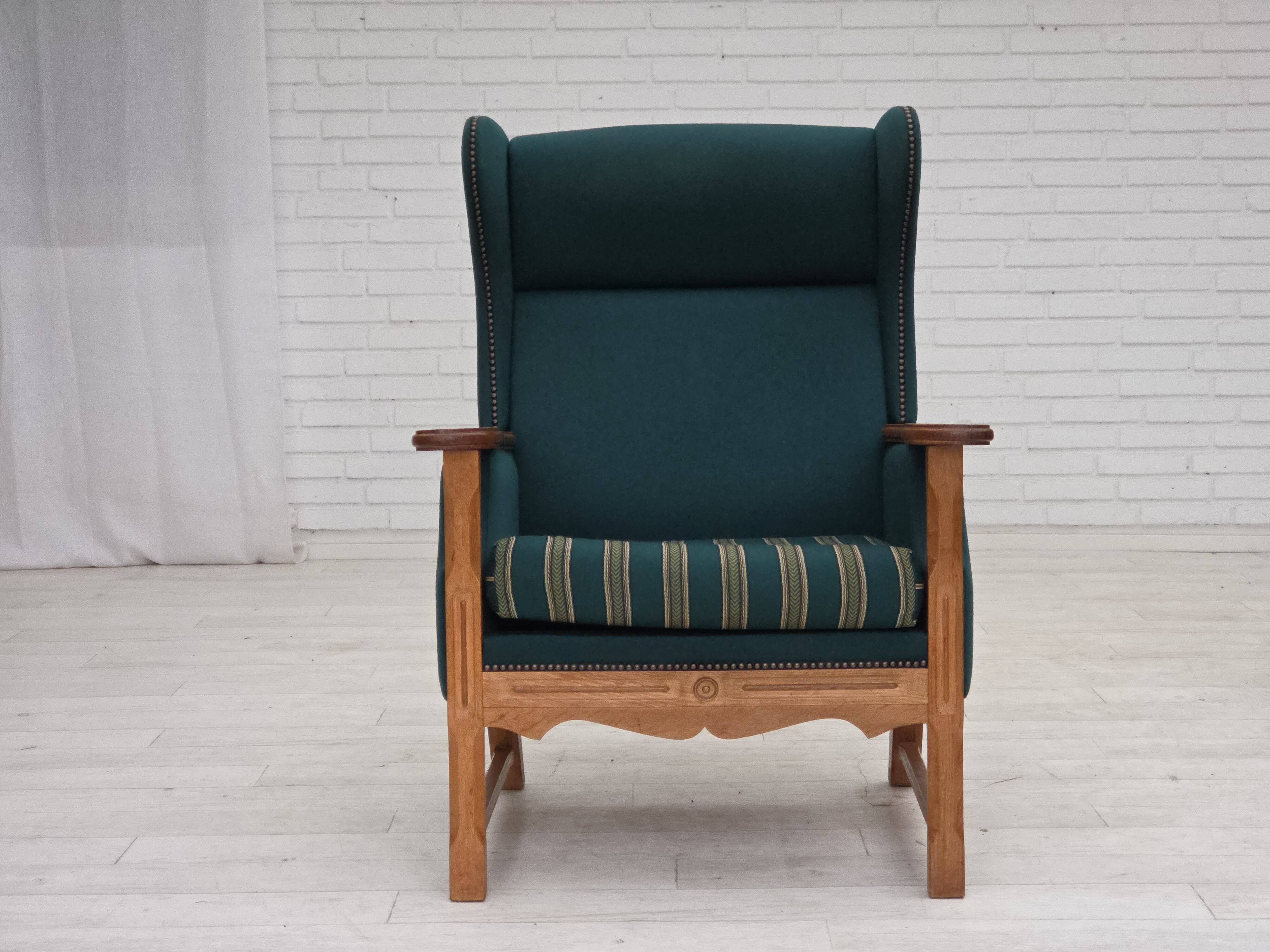 1970s, Danish high back armchair, furniture wool, solid oak wood.
