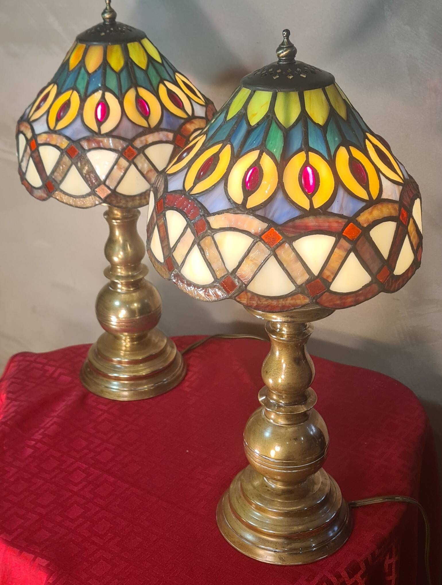 Pair of antique brass lamps, glass lampshades, 42x20, stained glass, Tiffany style.ent