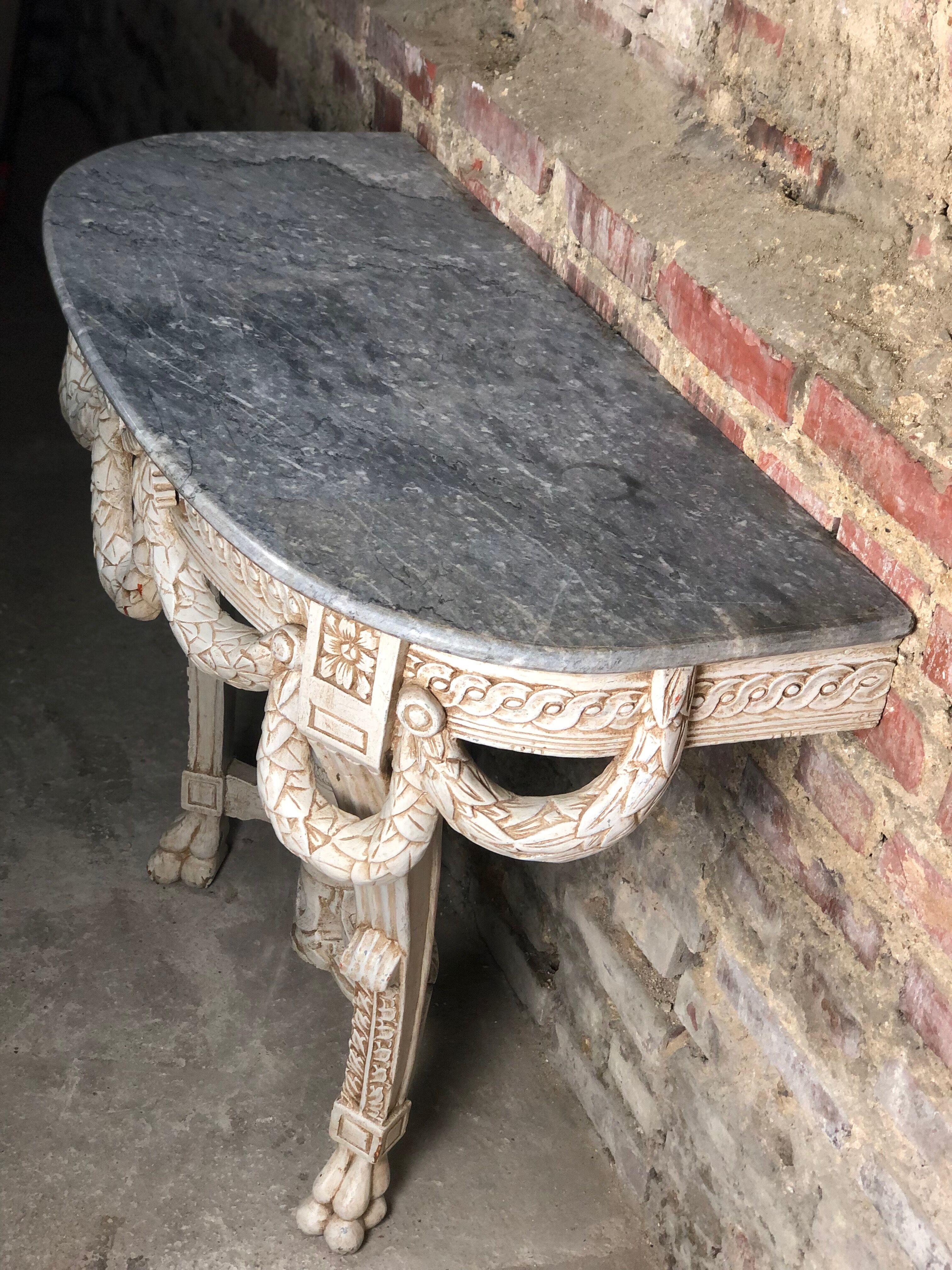 Louis XVI style console in carved wood beige patinated above gray marble