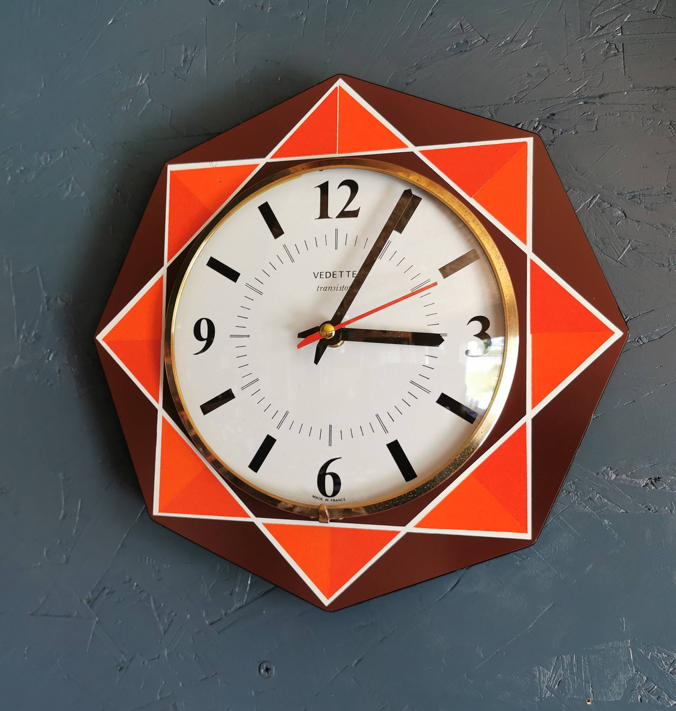 Vintage formica clock silent octagonal wall pendulum "Star chocolate orange"