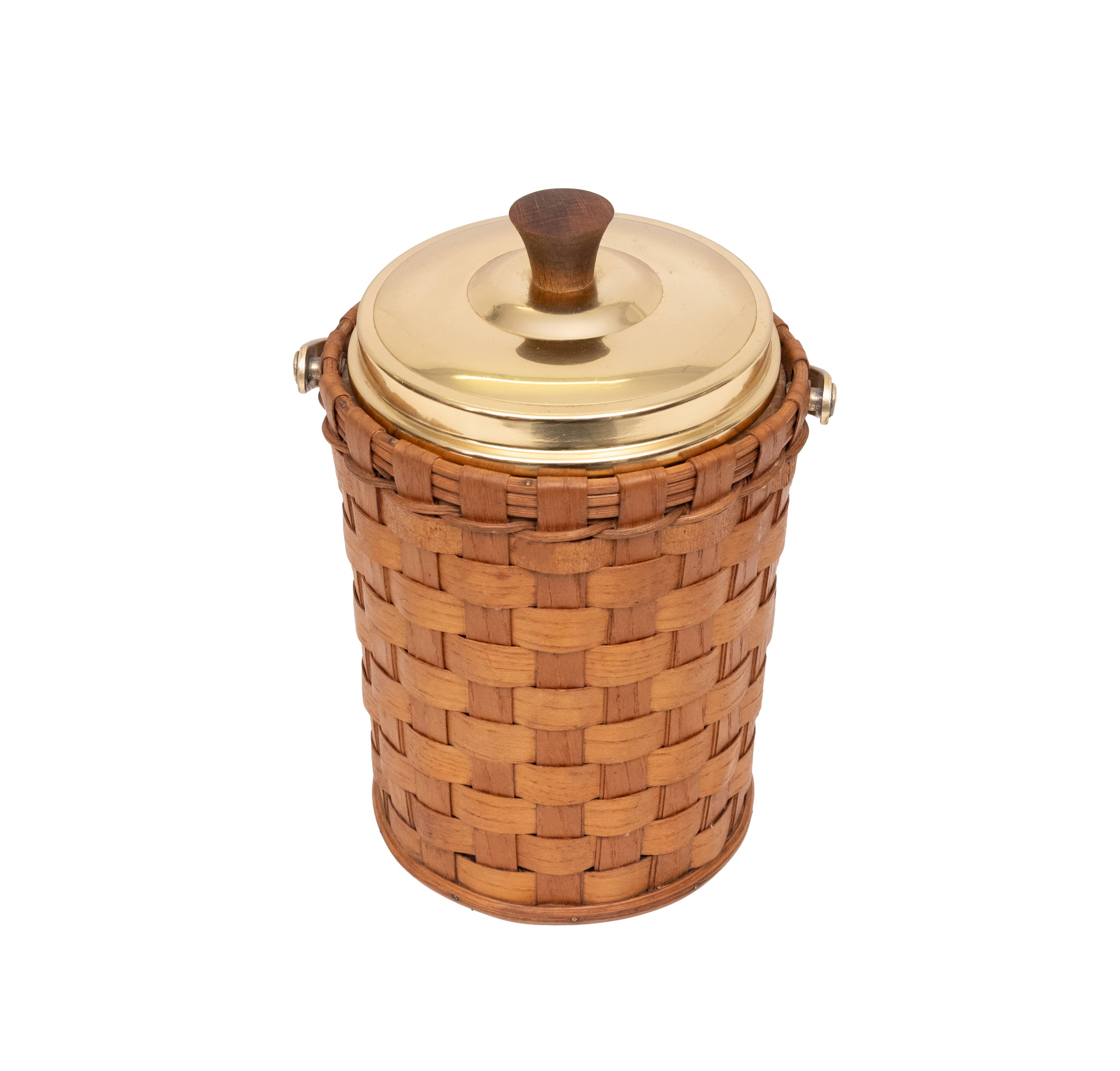 Wicker Ice bucket Brass lid and ice tongs 1960s