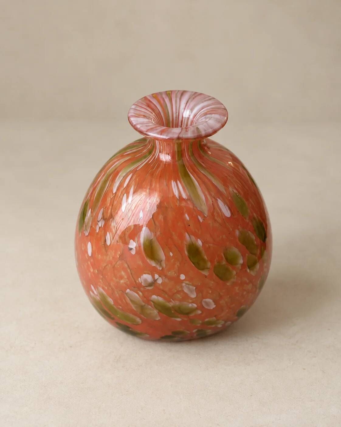 Round blown glass vase with speckled decoration — Mdina Glass, Malta, 1970s