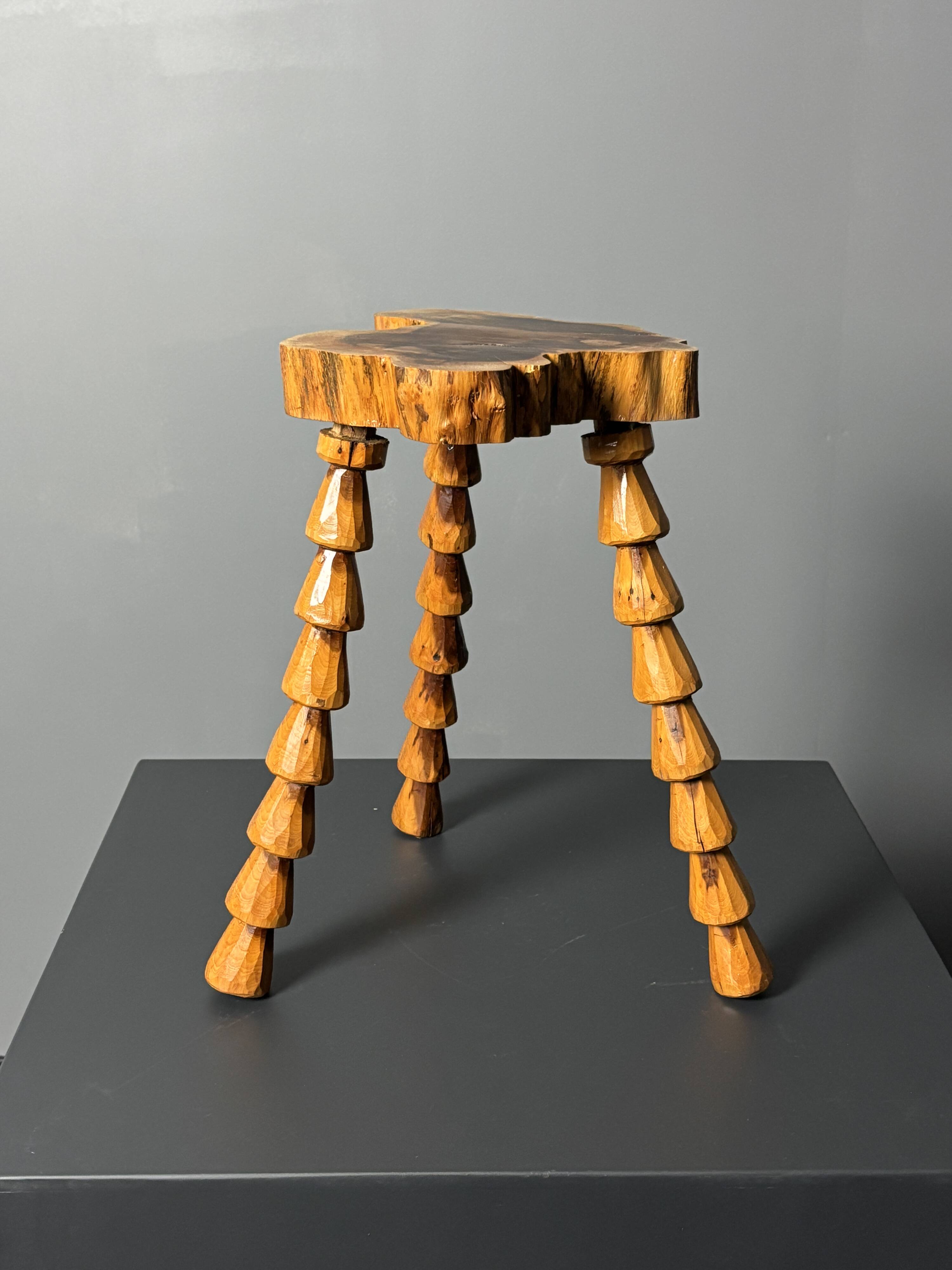 Midcentury brutalist artisanal wood turned handmade tripod stool, ca 1960s