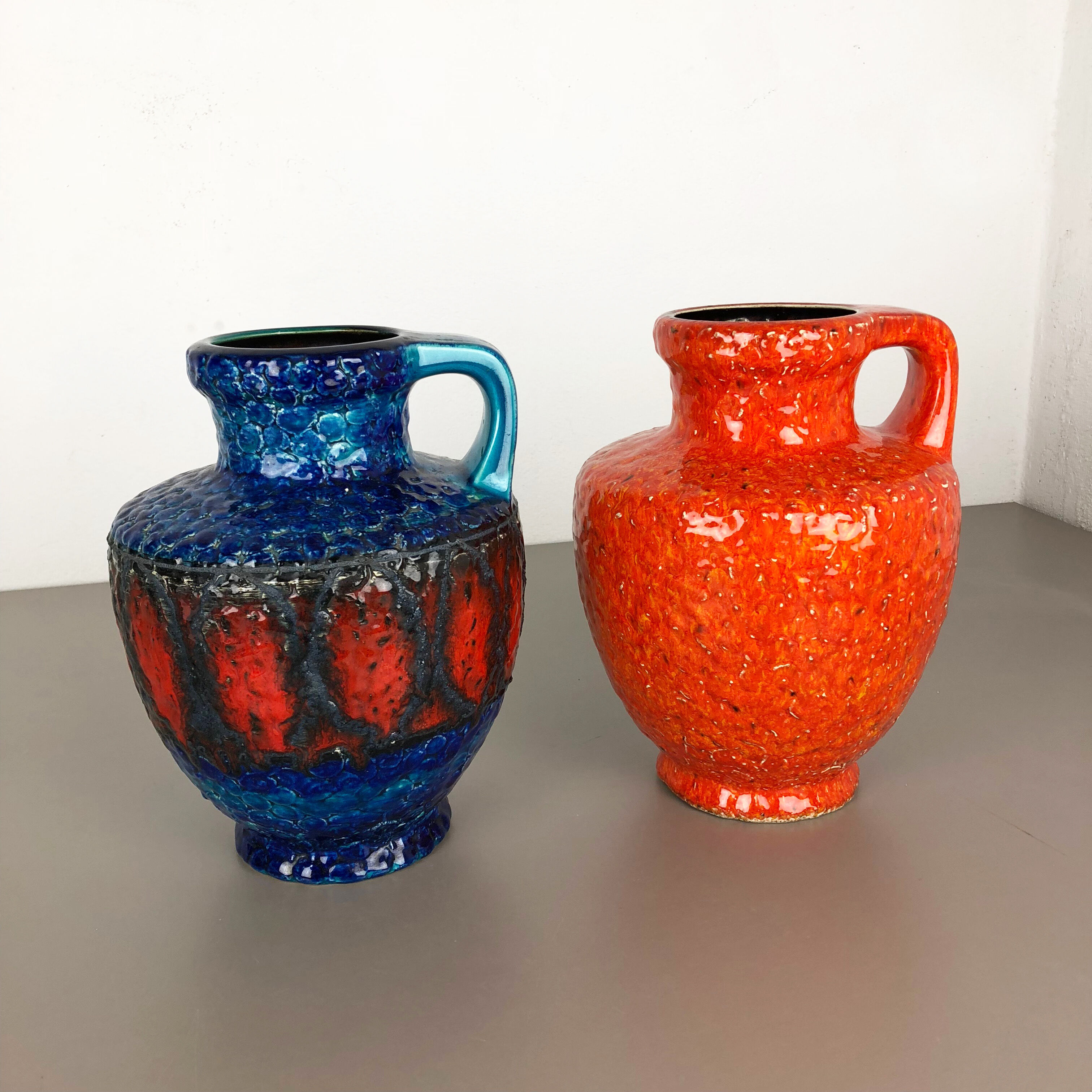 Set of 2 Multi-Color Fat Lava Op Art Pottery Vase Made Bay Ceramics, Germany