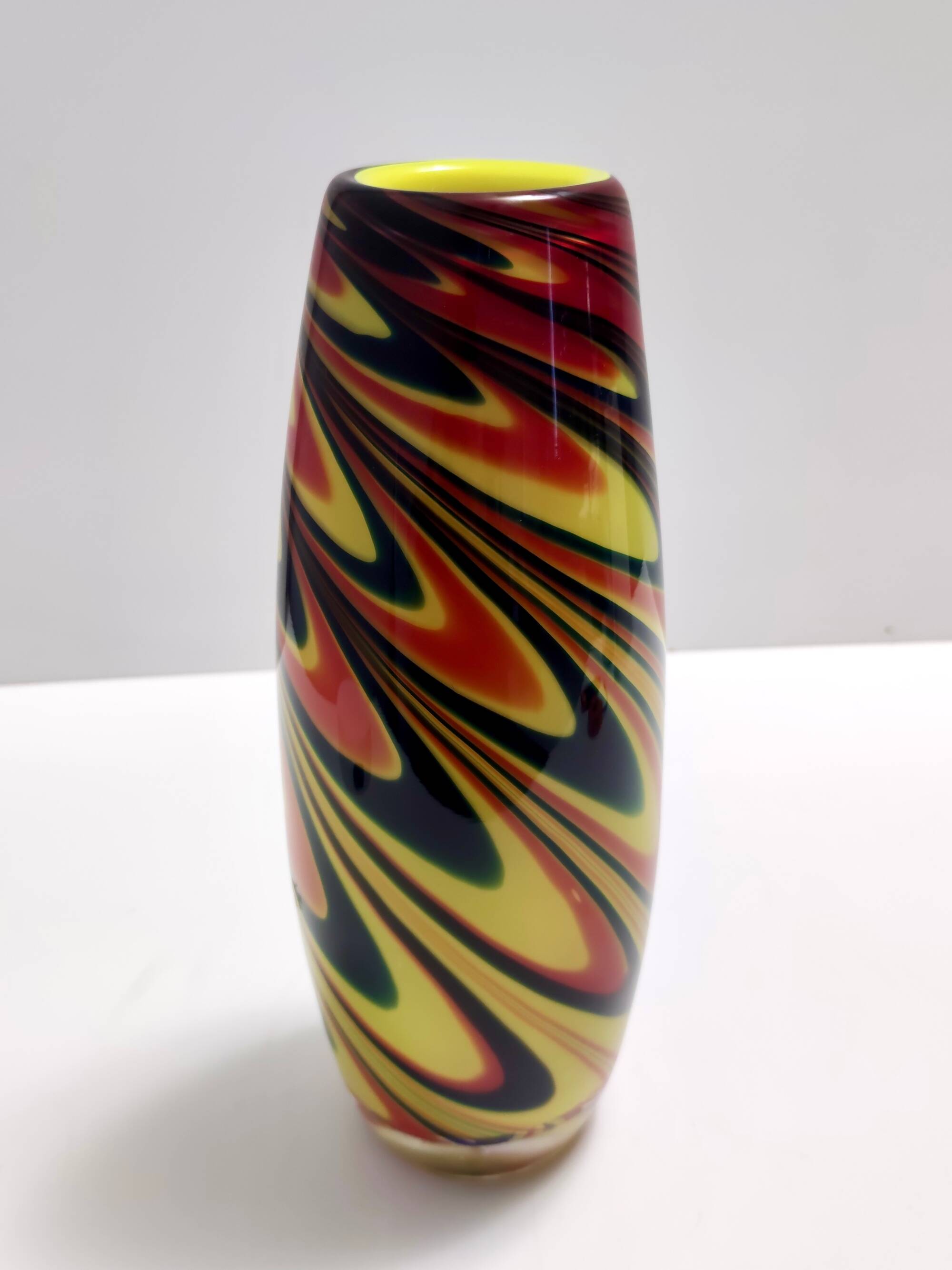 Black, Red and Yellow Encased Hand-Blown Murano Glass Flower Vase, Italy