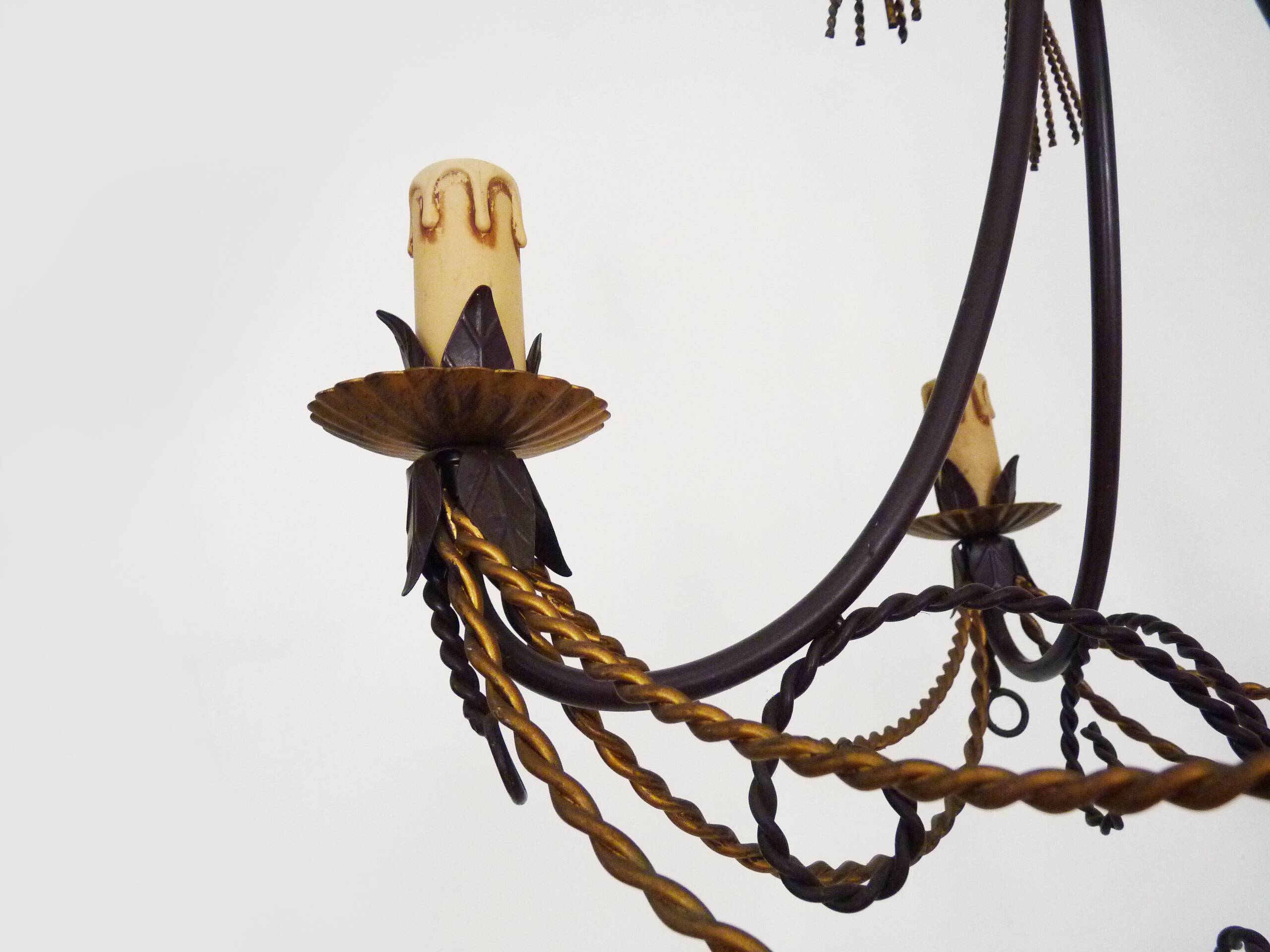 Vintage 4-arm, 4-light chandelier from the 1980s. Brown and gold metal.