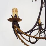 Vintage 4-arm, 4-light chandelier from the 1980s. Brown and gold metal.