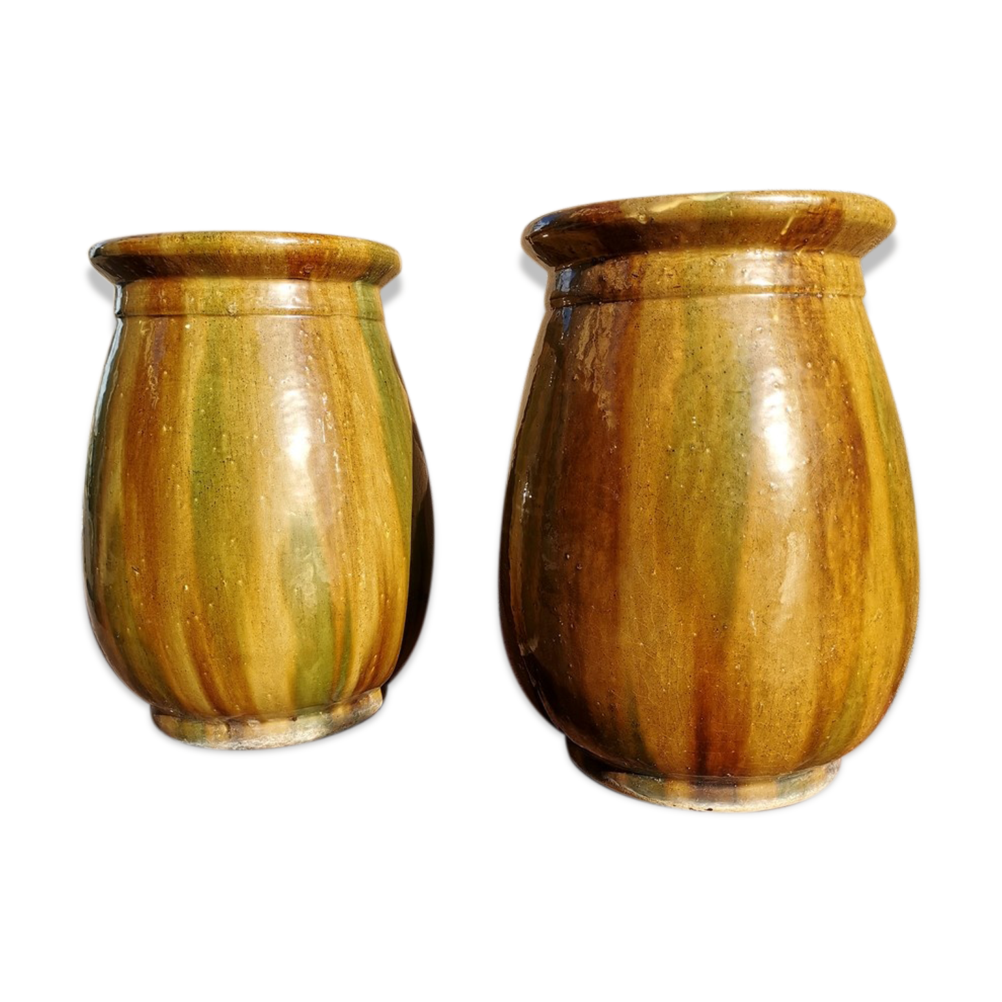 Pair of Provençal enamelled terracotta jars