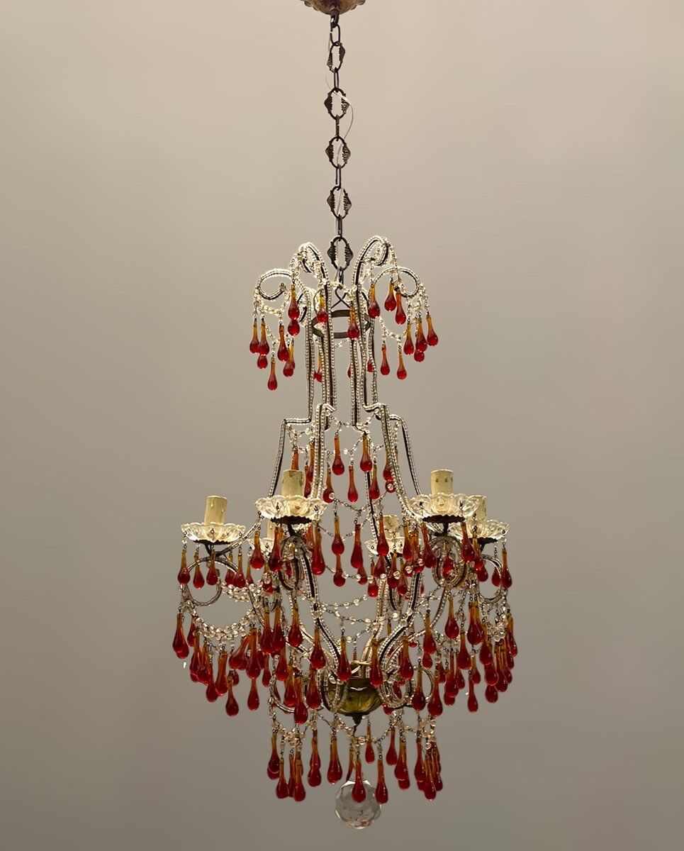 Vintage italian murano glass crystal macaroni beaded chandelier, 1950s
