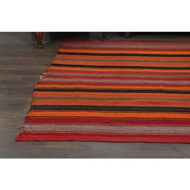 Orange Red Vintage Handmade Wool Cotton Kilim Runner Rug 172x372