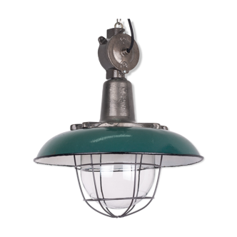 Industrial enamel lamp from Poland with glass and cast iron, 1950s