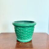 Cache pot jardinière poet Laval wicker green glazed ceramic rattan.