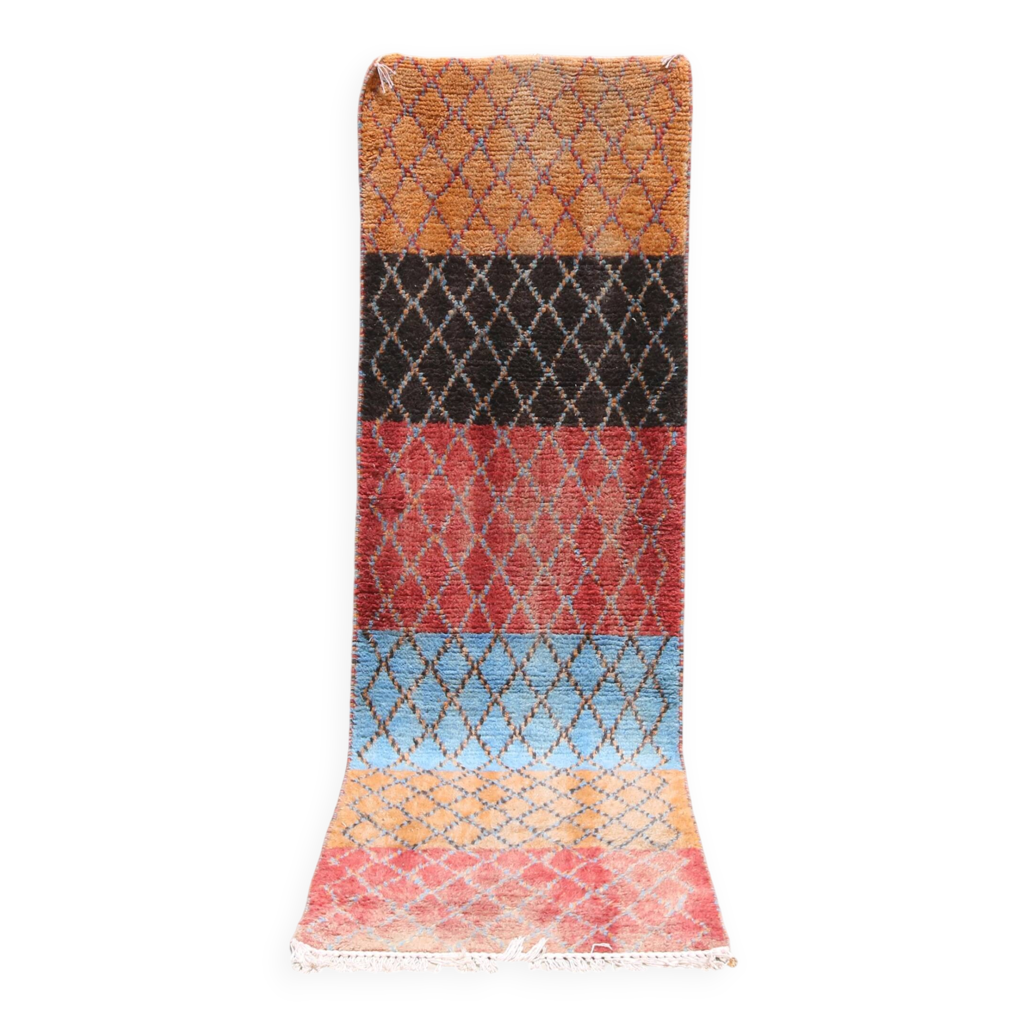 Handwoven coloured wool rug, 295 x 85 cm - R364
