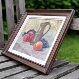 Still life painting with fruit, peach, bunch of grapes and tin pitcher, signed "roselyne"