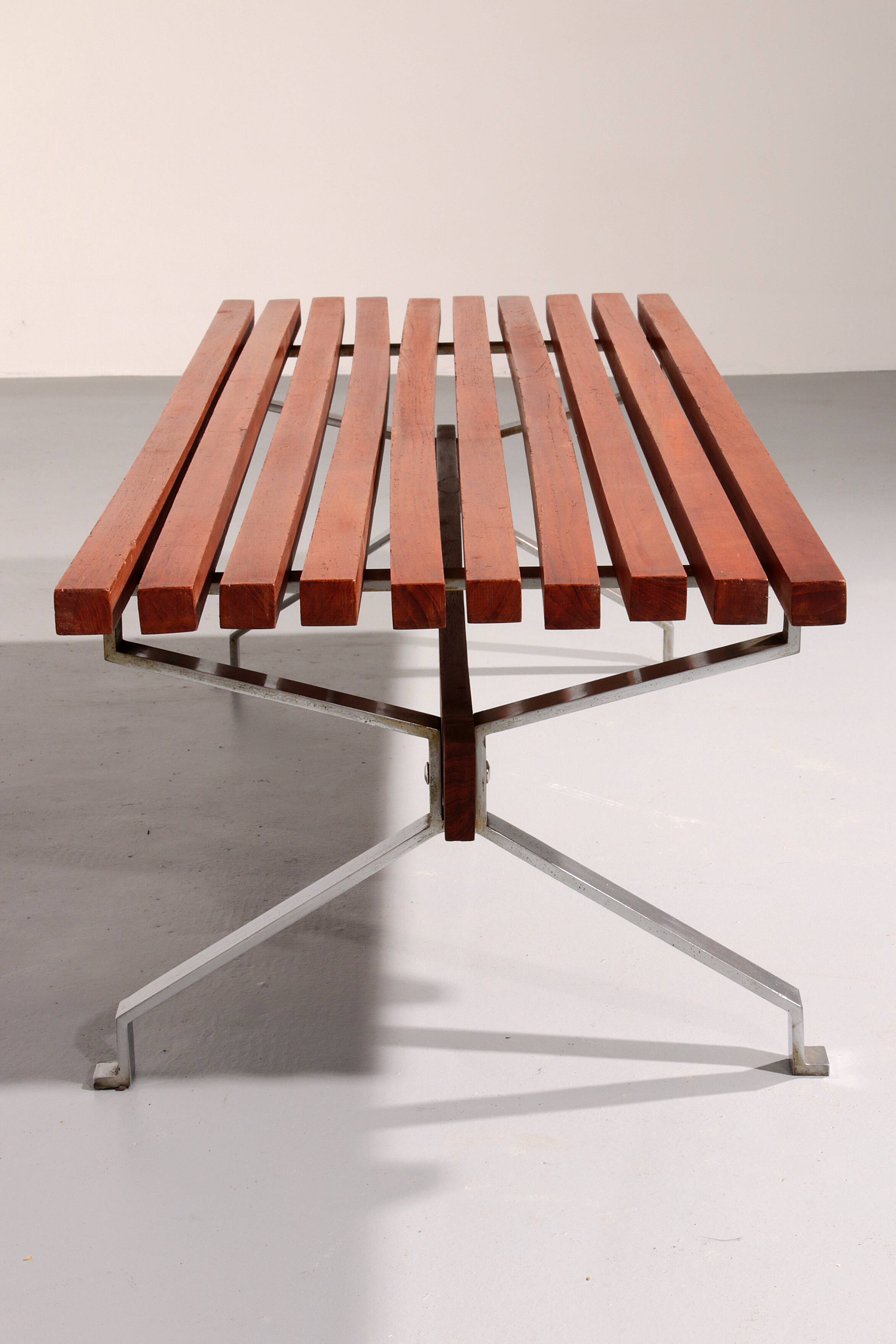Italian teak and steel elegance bench from the 1960s