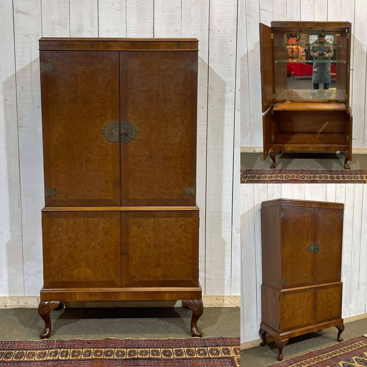 1950s English buffet bar in walnut and walnut burl.