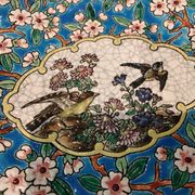 Longwy enamel plate with cartouche of 2 birds and apple blossoms, d188