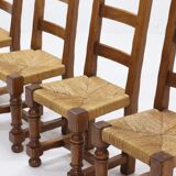 Set of 4 French Oak and Rush Ladder Back Dining Chairs 1950s