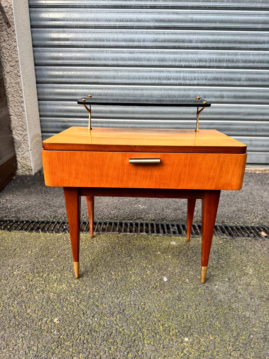 Vintage 1950s varnished glass shelf bedside table.