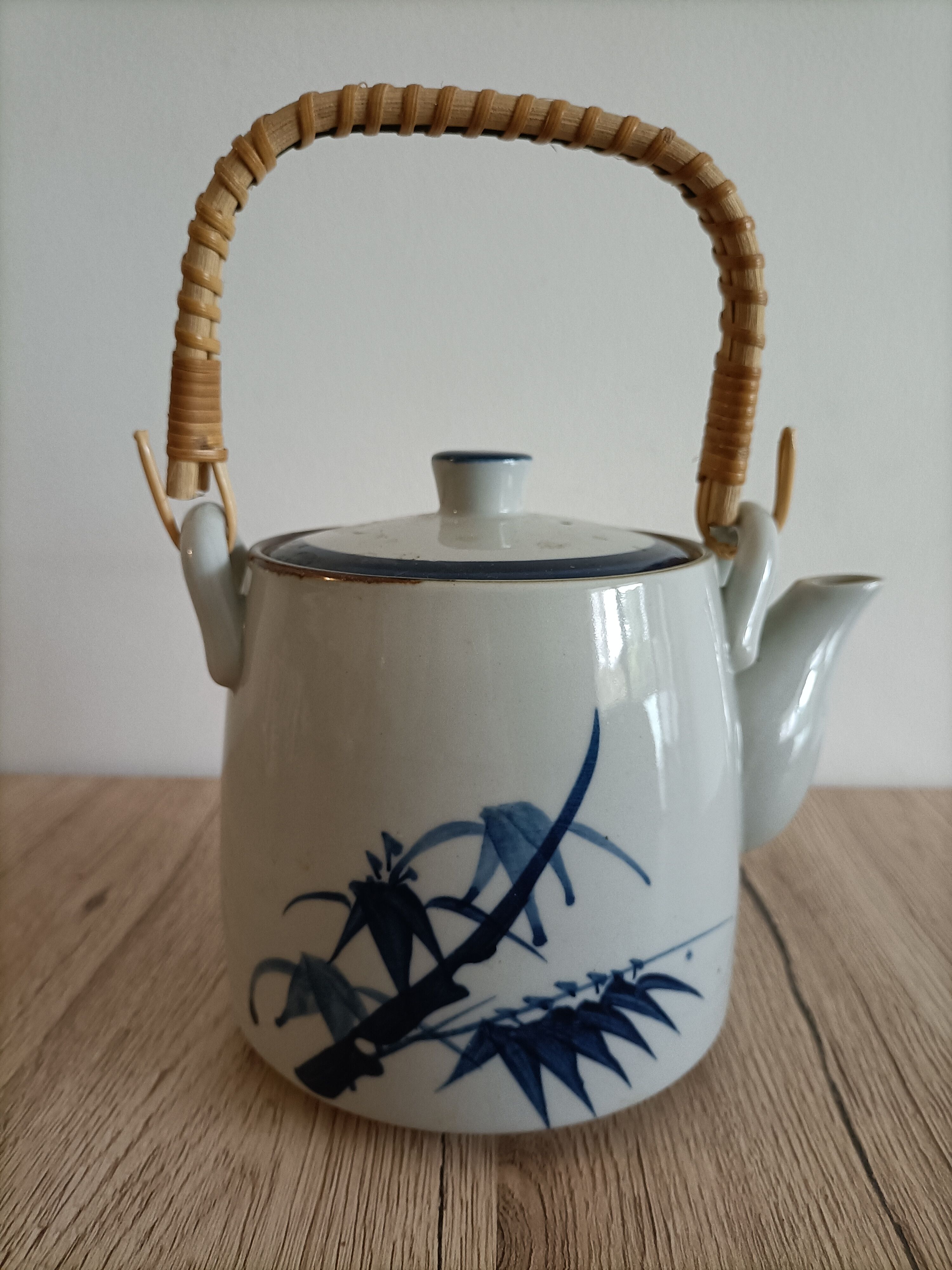 Japanese-inspired ceramic teapot blue bamboo pattern