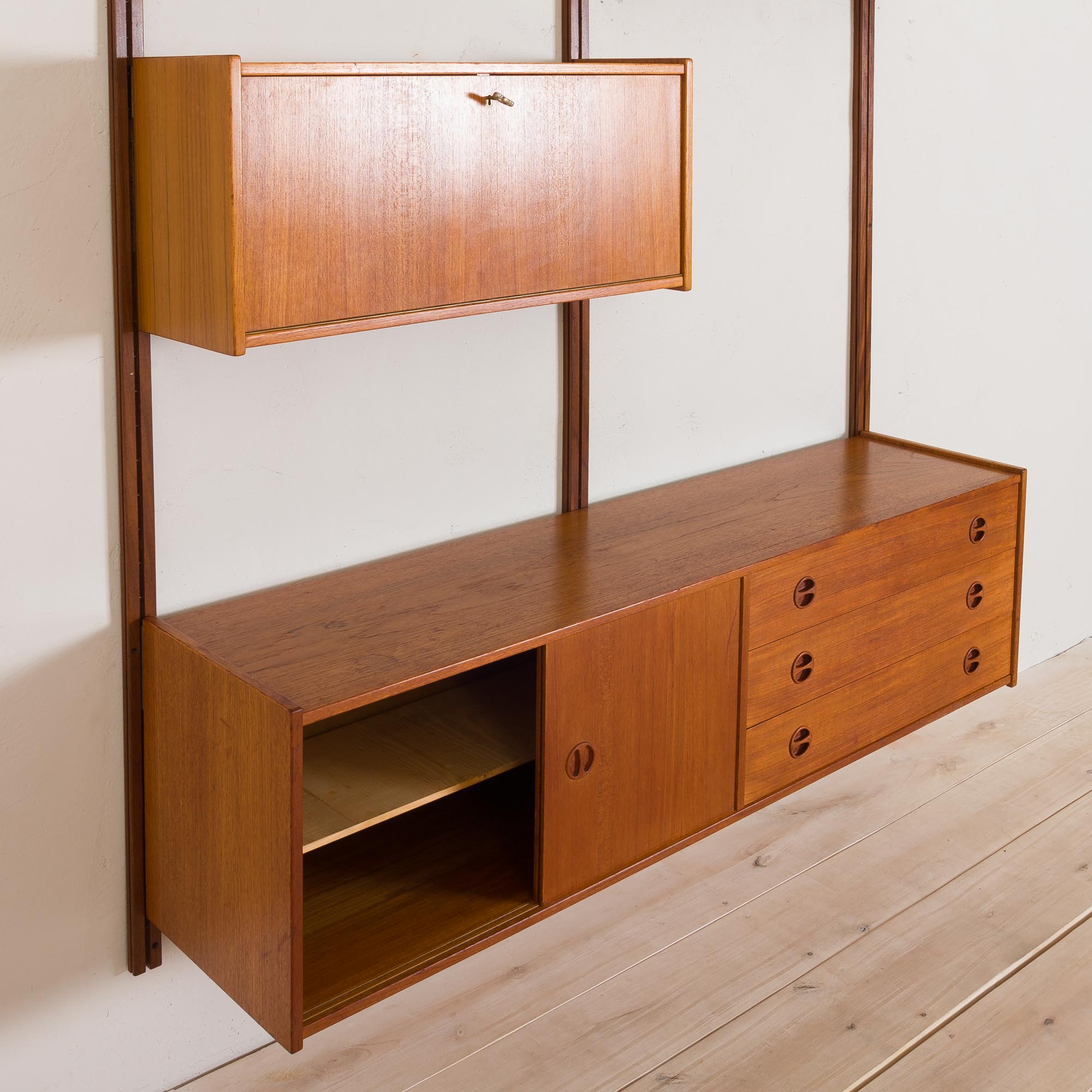 Scandinavian teak wall unit with sideboard and bar cabinet
