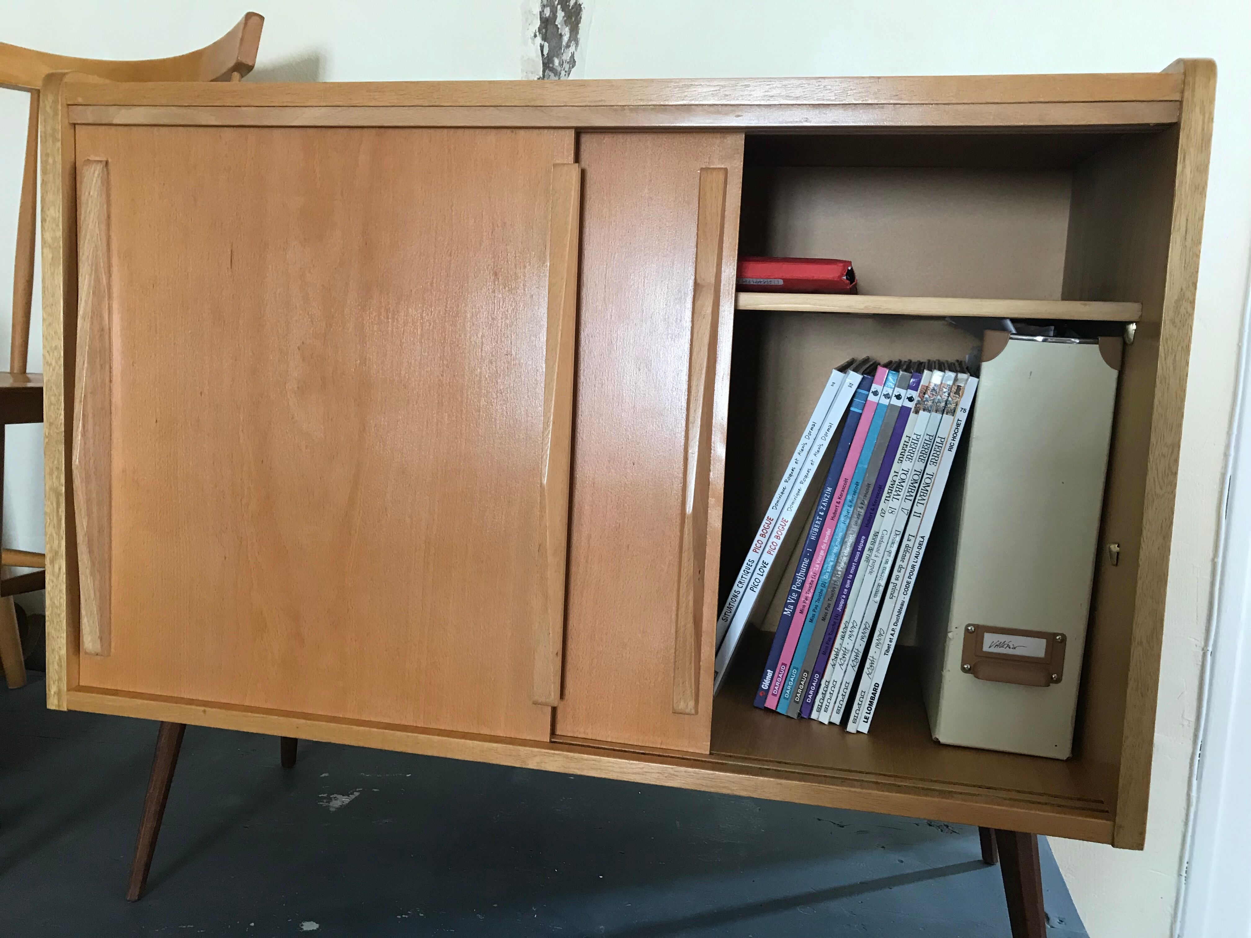 Vintage storage cabinet sliding doors feet compass