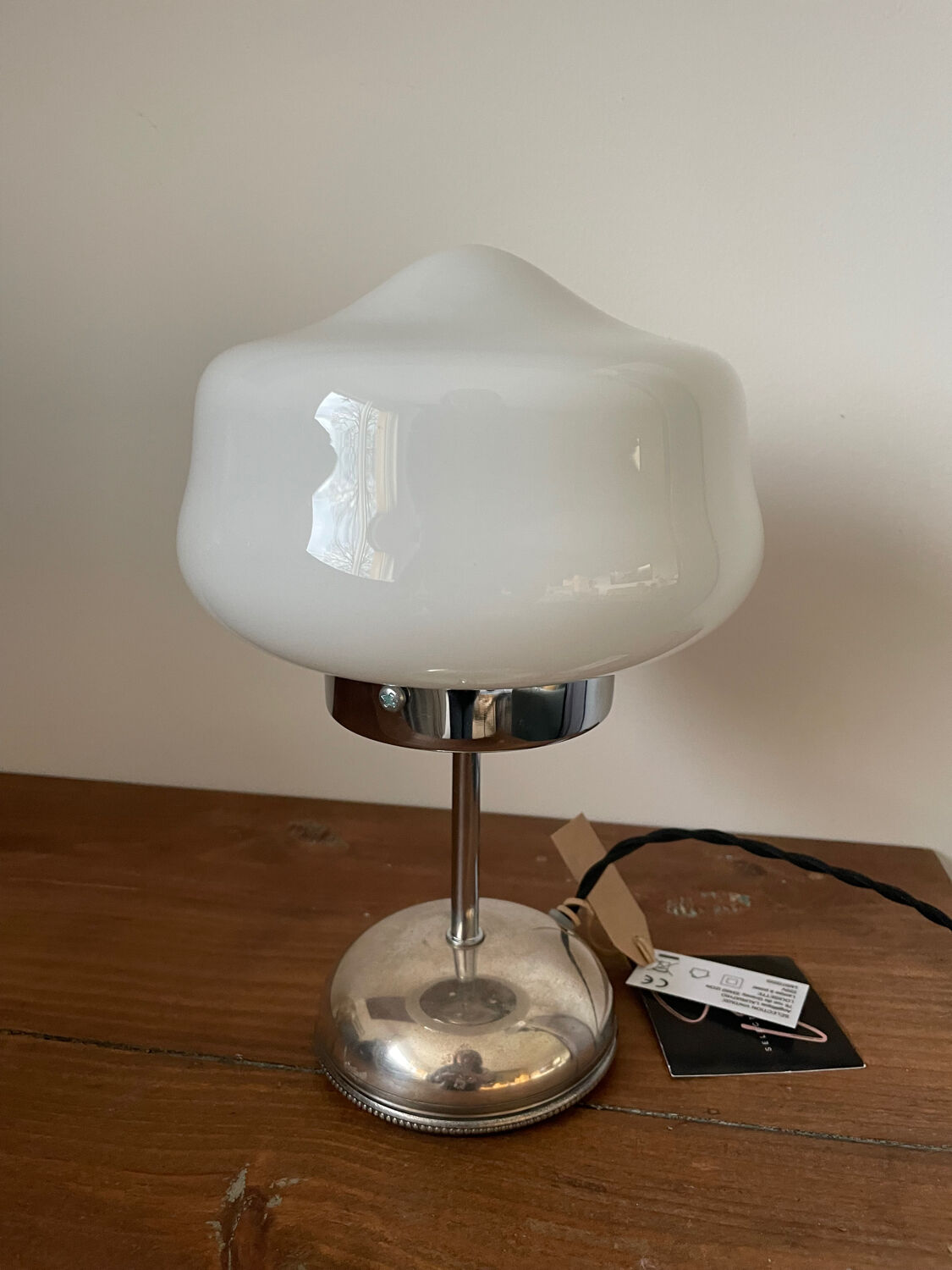 White opaline lamp with silver metal.