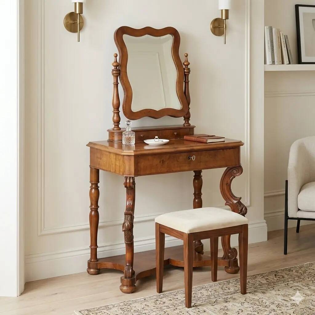 Antique walnut dressing table with mirror and drawer, Italy, 19th century.