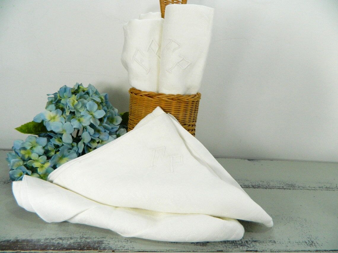 Set of 6 large damask napkins with monogram