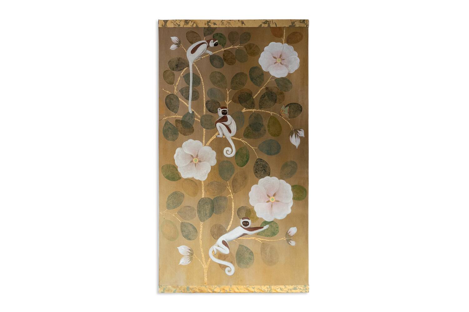 Toile peinte représentant des lémuriens. Travail contemporain.