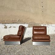 Complete vintage living room set, brushed aluminum and brown leather, France, 1970