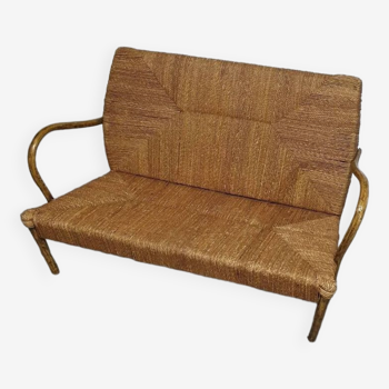 Vintage French papercord sofa with a metal frame base