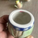 Vintage ceramic condiment set, barbotine: Salt, pepper, sugar, oil and vinegar