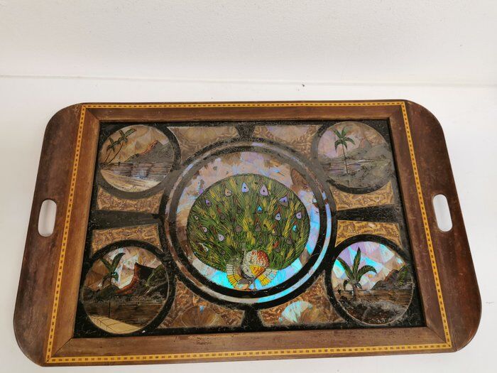 Plateau de service antique en bois d’acajou, verre et nacre