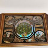 Plateau de service antique en bois d’acajou, verre et nacre